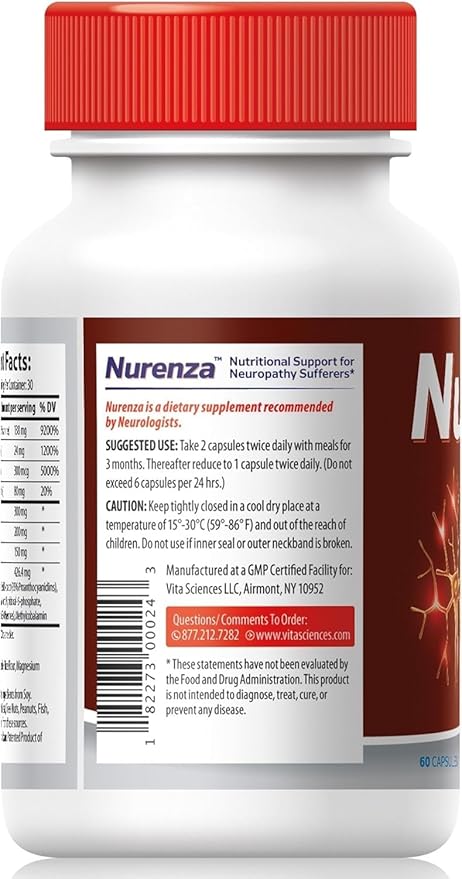Vita Sciences Nurenza Neuropathy Relief Supplement for Nerve Health and Fast Repair. Natural R-ALA Form 40x Strength w/Vitamins Antioxidants and Revitalizing Feet Hands Legs and Toes.