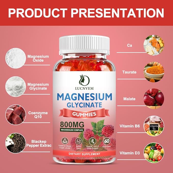 Sugar Free Magnesium Glycinate Gummies 500mg Magnesium Glycinate with 200mg Magnesium Malate Taurate Oxide COQ10 Vitamin B6 and D3 Relaxation Calm Mood 60 Raspberry Gummies(3 Pack)