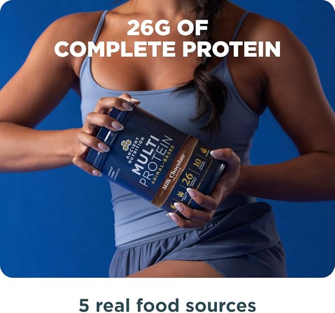 Ancient Nutrition Multi Protein Animal Based Powder 26g Protein Grass Fed Whey Bone Broth Collagen Peptides Colostrum &amp Probiotics Supports Joint &amp Gut Health Milk Chocolate 15 Serving