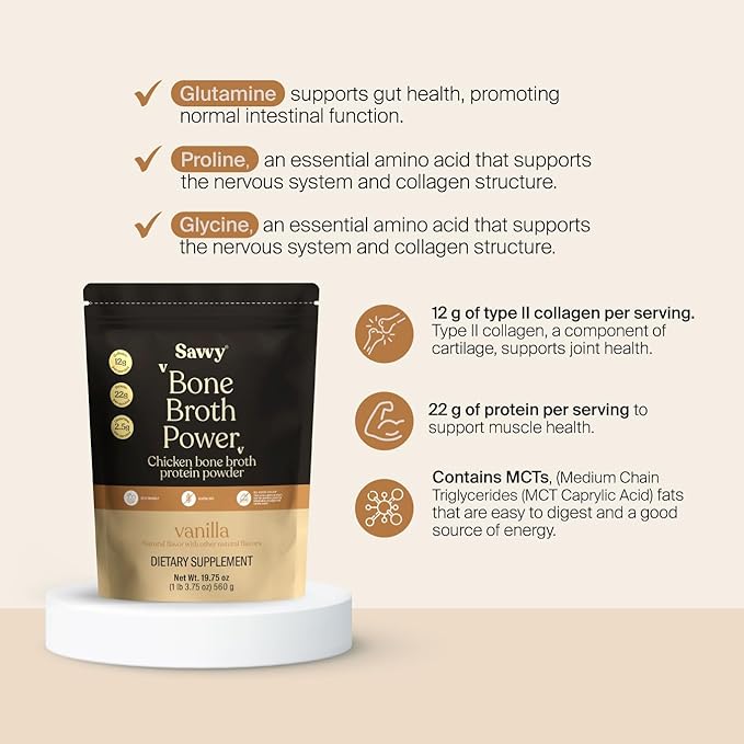 SAVVY Bone Broth Power Vanilla Protein Powder – 22g Protein 12g Collagen Glutamine MCTs – Bone Broth for Muscle Joint Digestive &amp Skin Health – Dairy-Free Keto – 560g (16 Servings)