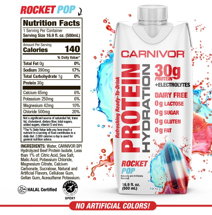 MuscleMeds Carnivor Protein Hydration RTD Ready to Drink Lactose Free Sugar Free 30g Isolate Protein Halal Certified Rocket Pop 16.9 Fl Oz (Pack of 12)
