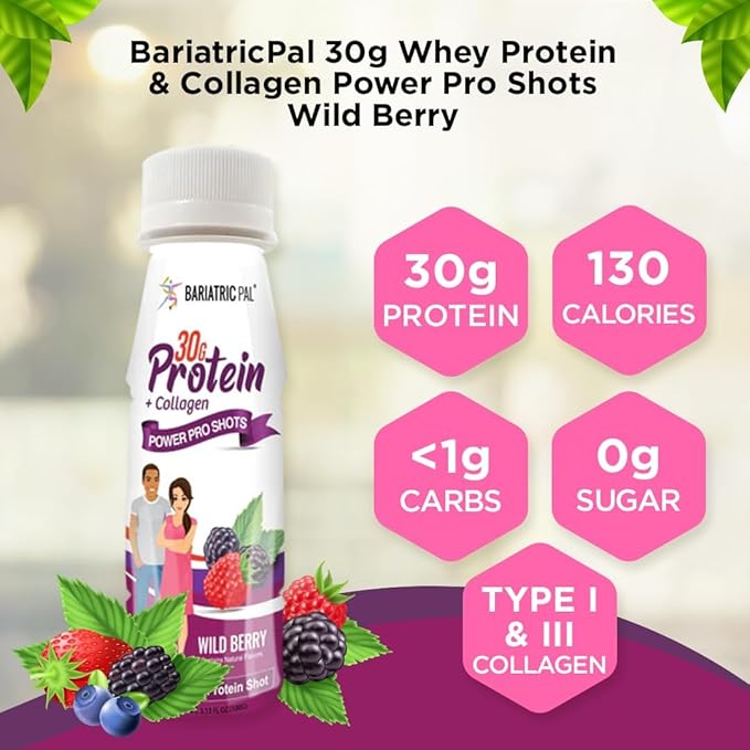 BariatricPal 30g Whey Protein &amp Collagen Power Pro Shots - Wild Berry (48 Bottles)