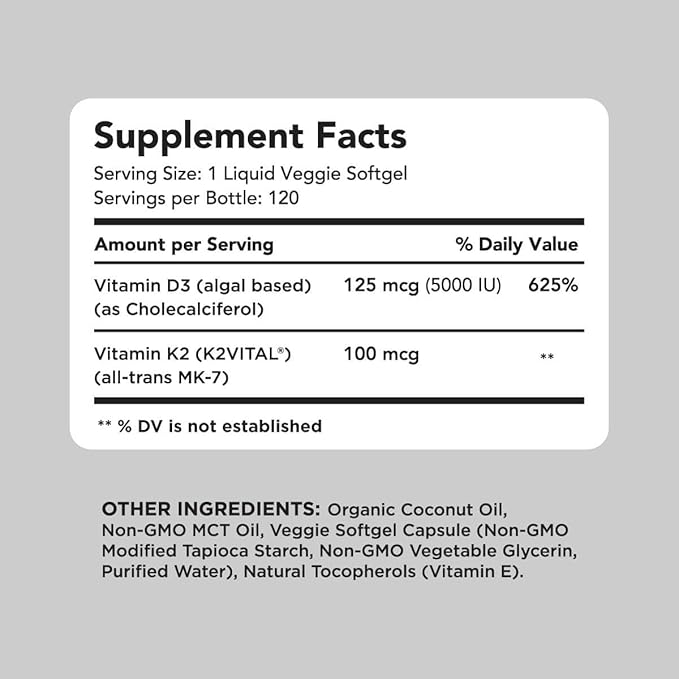 Vegan Powerhouse Combo. Omega-3 from Algal Oil &amp Vitamin D3 + K2. Plant-Based 5000 iu VIT D from Algae. 100 mcg All-Trans MK-7 Vita K. Carrageenan Free Veggie Softgels.