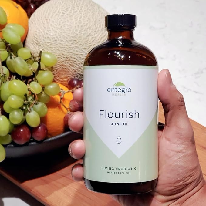 ENTEGRO Flourish Junior Liquid Probiotic &amp Postbiotic Supplement - Glass | 11 Live Cultures | Gut &amp Digestive Health for Women Men &amp Kids | Organic Vegan Allergen Free | USA Made | 16 f