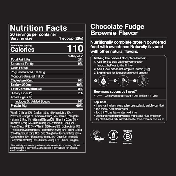 Huel Vegan Protein Powder | Chocolate Fudge Brownie | Complete Nutrition | 20g Protein Powder | 100% Plant-Based | 27 Vitamins &amp Minerals Gluten Free Non-GMO Lactose Free | 26 Servings
