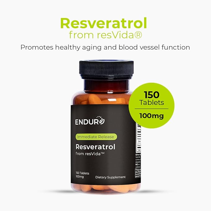 Endur Resveratrol Healthy Aging &amp Cardiovascular Support Supplement Instant Release Antioxidant Grape Skin Extract Gluten Free 100mg (150 Tablets)