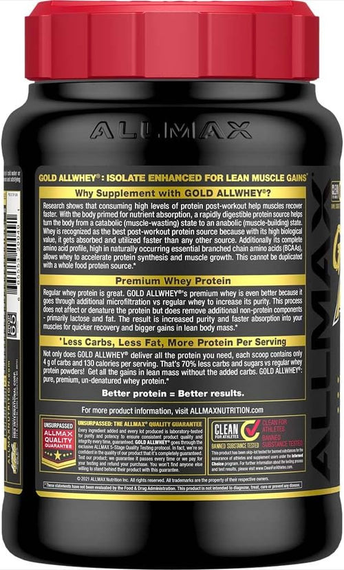 ALLMAX Nutrition Gold ALLWHEY Strawberry - 2 lb - 24 Grams of Protein Per Scoop - Gluten Free Low Carb &amp Low Sugar - Approx. 30 Servings