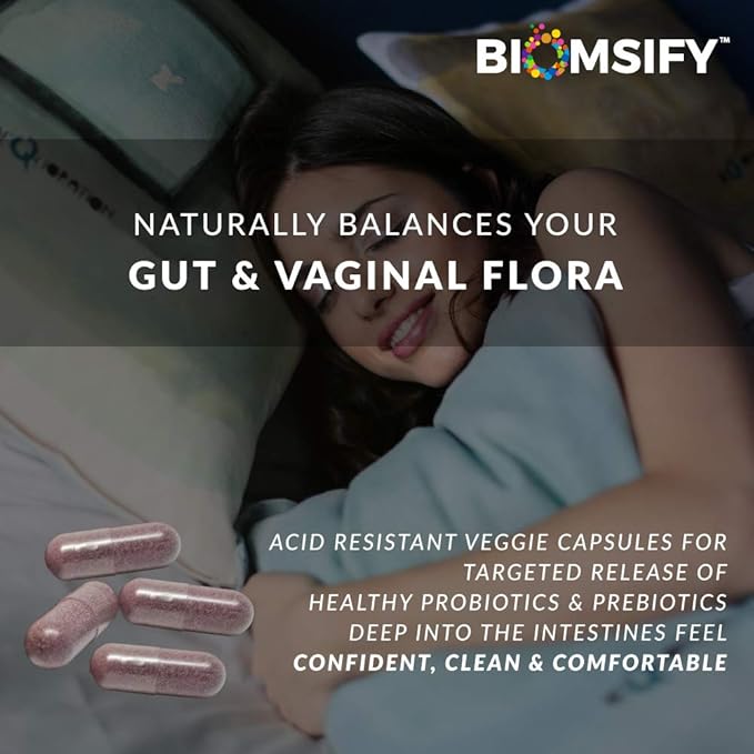 Biom Complete Feminine Balance Women's Daily Probiotics + Prebiotics with Organic Cranberry &amp Pomegranate with Lactobacillus crispatus Gluten &amp Dairy-Free. 30 Servings