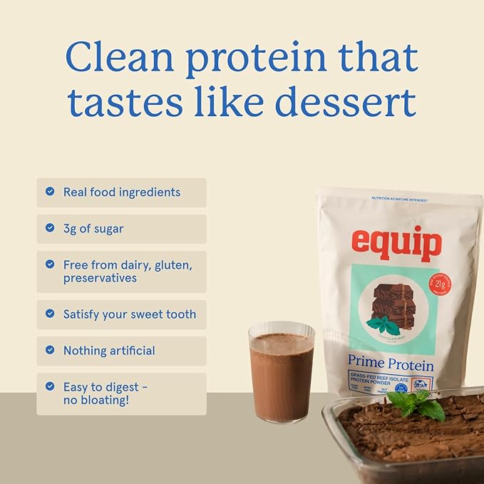 Equip Foods Prime Protein Powder | Clean Grass Fed Beef Protein Powder for Women &amp Men | Carnivore Protein Isolate | Paleo Keto Friendly | Gluten &amp Dairy Free | 30 Servings Chocolate Mint