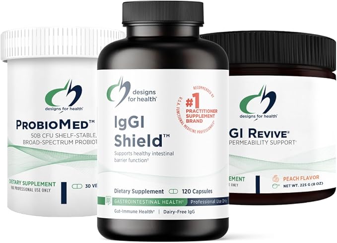 Designs for Health 3R Gut Reset Program - IgGI Immunoglobulin Capsules ProbioMed 50 Probiotic GI Revive to Soothe Coat &amp Fortify (3 Products)