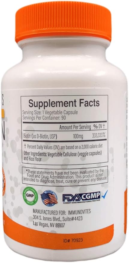 IMMUNOVITES High Dose Biotin (as d-Biotin USP) 100mg (Equivalent to 100000mcg) 90 Capsules High Potency