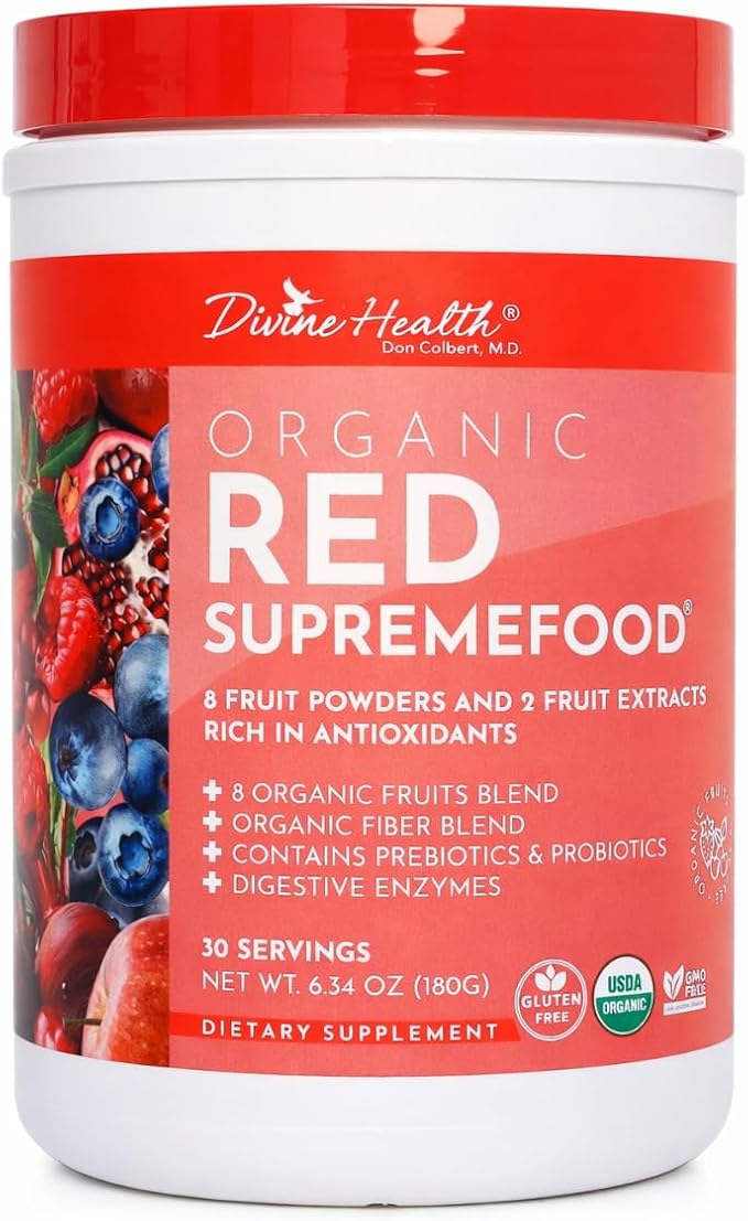 Dr. Colbert MD Organic Red Supremefood | Berry Flavored Blend | by Divine Health | 10 Organic Fruits | Probiotics | Enzymes | Herbs | Fiber | Antioxidants | Non-GMO | 30 Day Supply | 180g