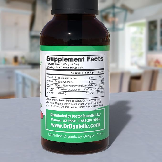 Organic Vitamin B Complex Liquid Drops | B Vitamins Complex Supplement with B3 B6 B7 B9 &amp Methyl B12 Drops for Adults &amp Kids | Vegan Cherry Flavor 1oz | 60 Servings / 2 Month Supply