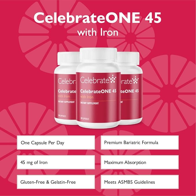 Celebrate Vitamins CelebrateONE 45 45mg Iron - Once Daily Bariatric Multivitamin Essential Vitamins &amp Minerals - Gastric Bypass &amp Sleeve Gastrectomy Supplement (90 Capsules)