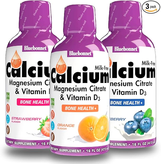Bluebonnet Liquid Calcium Citrate Magnesium Citrate Vitamin D3- Bundle of Orange Blueberry and Strawberry Flavor 3 Bottle of 16 Fl Oz Each (48 Fl Oz Total)