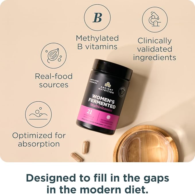 Ancient Nutrition Multivitamin for Women Women's Fermented Multivitamin with Methylated Vitamin C D K Zinc &amp Magnesium Immune Support Vegan 60 Ct