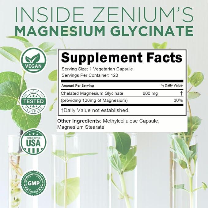 Zenium - Magnesium Glycinate for Sleep Chelated 600mg per Serving 120 Capsules | High Absorption | Relieve Tension Worry Nervousness | Calm The Mind &amp Body | Ayurvedic | Natural Relief Supple