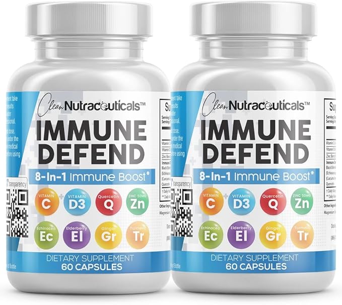 Immune Defense Support Supplement 8 in 1 w/ Zinc 50mg Quercetin Vit C 1000mg Vitamin D3 5000 IU Elderberry Turmeric Curcumin Ginger Echinacea - Immunity System Booster Adults Vegan - 60Ct (2)