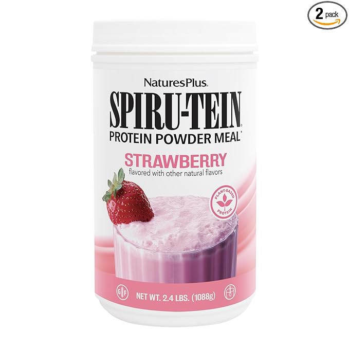 NaturesPlus SPIRU-TEIN Strawberry - 2.4 lb Pack of 2 - Plant-Based Protein Shake - Non-GMO Vegetarian Gluten Free - 64 Total Servings