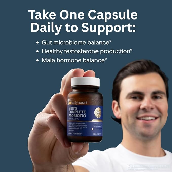 Daily Nouri Probiotics for Men | Digestive &amp Immune Support | Gut &amp Colon Health | 5 Clinically Studied Strains + Selenium &amp Omega | 60-Day Supply