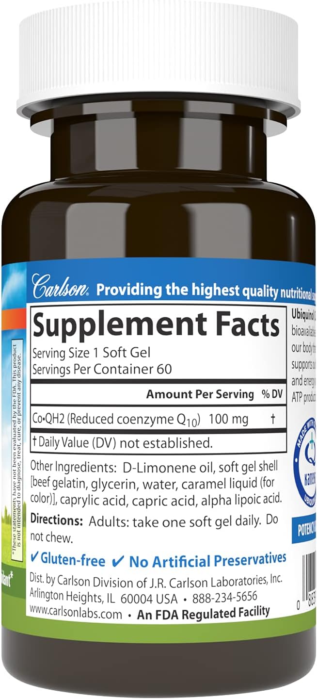 Carlson - Co-QH2 Ubiquinol Active Form of Co-Q10-100 mg Energy Production &amp Heart Health Antioxidant 60 Softgels