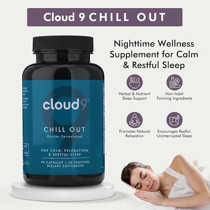 Cloud9 Chill Out – Nighttime Wellness Supplement for Rest Relaxation &amp Alcohol Recovery – Herbal Sleep Support with Adaptogens Vitamins &amp Stress Support – Made in USA – 90 Capsules