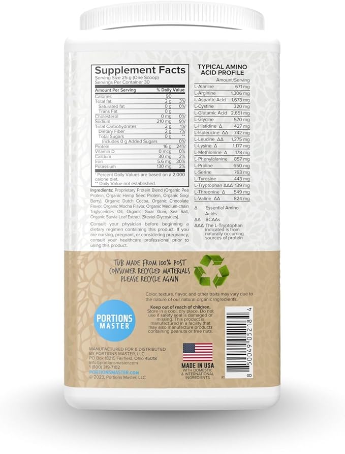 Portions Master Vegan Protein Blend Complete Plant Based Protein Powder with Pea Hemp Seed Goji Blend Medium Chain Triglycerides (750g Mocha)