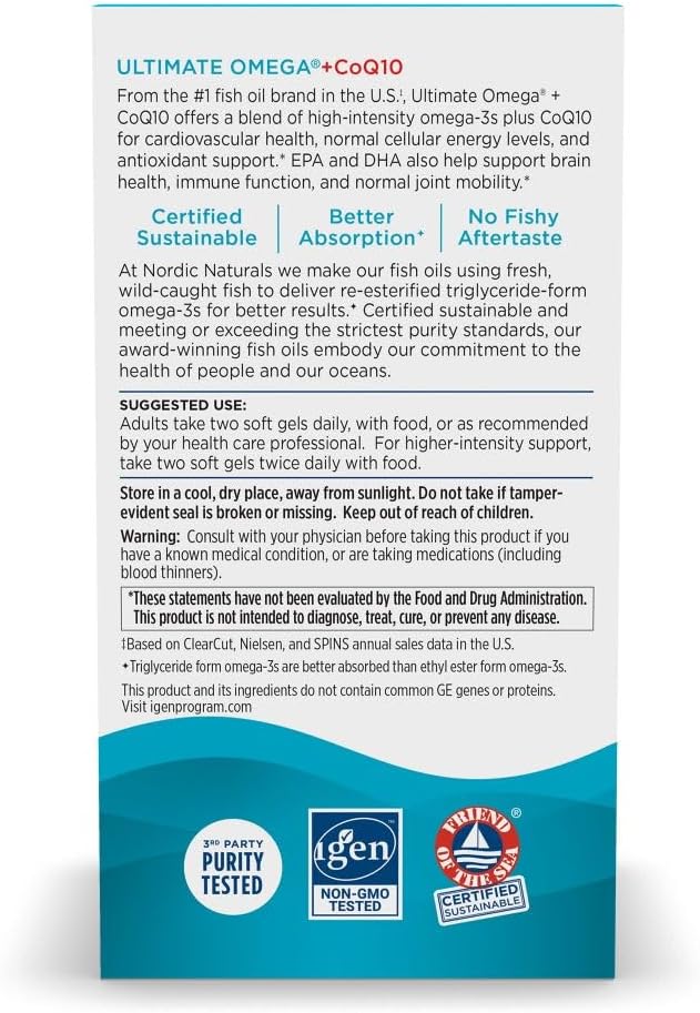 Nordic Naturals Ultimate Omega + CoQ10 Lemon - 60 Soft Gels - 1280 mg Omega-3 + 100 mg CoQ10 - Heart Health Cellular Energy Antioxidant Support - Non-GMO - 30 Servings