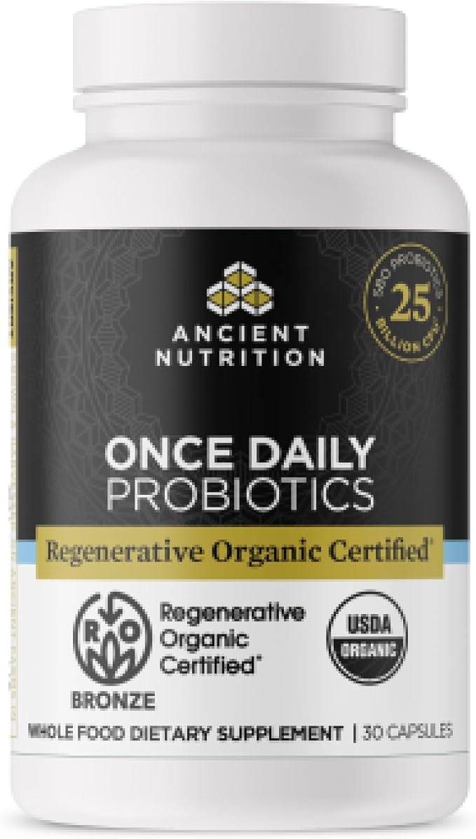 Ancient Nutrition Regenerative Organic Certified Probiotics Daily Probiotics Once Daily Healthy Digestion and Immune System Function Support 25 Billion CFUs* Per Serving 30 Count