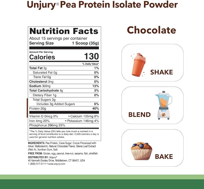 Unjury Planted Vegan Protein Powder | 20g Chocolate Pea Protein Powder | Low Sugar and Plant Based | Gluten and Dairy Free | Non-GMO | 20 Servings