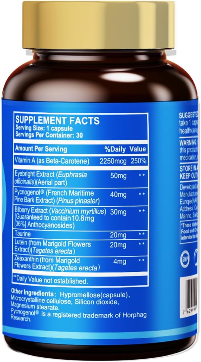 HUJ Eye Health - Eye Supplement for Adults with Pycnogenol®(French Maritime Pine Bark Extract)Bilberry ExtractLutein - Supports Vision Eye Function and Blue Light Protection* - 30 Capsules