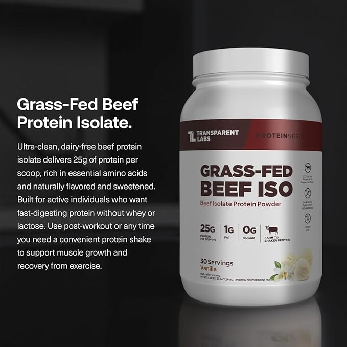 Transparent Labs Grass-Fed Beef Isolate Protein Powder – Naturally Flavored Dairy-Free Protein with 25g of Protein per Serving for Increased Recovery &amp Strength – 30 Servings Vanilla