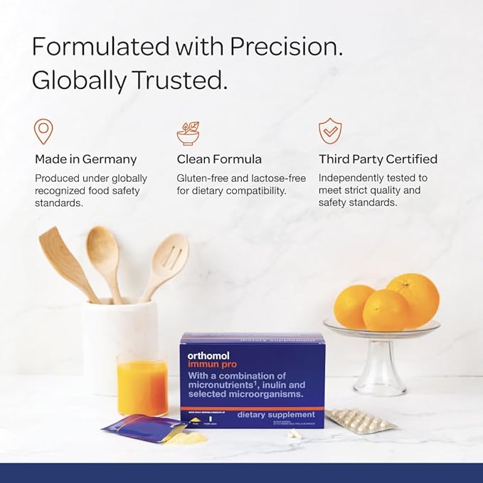 Orthomol Immun Pro Immune Support Probiotic Gut Health Supplement Inulin Prebiotic Fiber 30-Day Supply Vitamin A B C D E Zinc Iodine Probiotics for Women and Men Daily Powder &amp Capsul