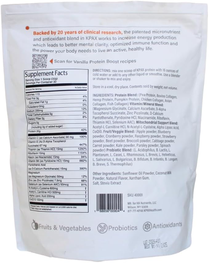 K* PAX KPAX Immune Protein Blend Mitochondrial Support Formula + Green Superfood and Probiotics Vanilla 2 -Pound
