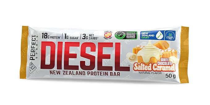 PERFECT SPORTS Diesel New Zealand Whey Protein Bars | Stevia Sweetened No Artificial Flavors | Low Sugar 18g Protein | 12 Pack (White Chocolate Salted Caramel)