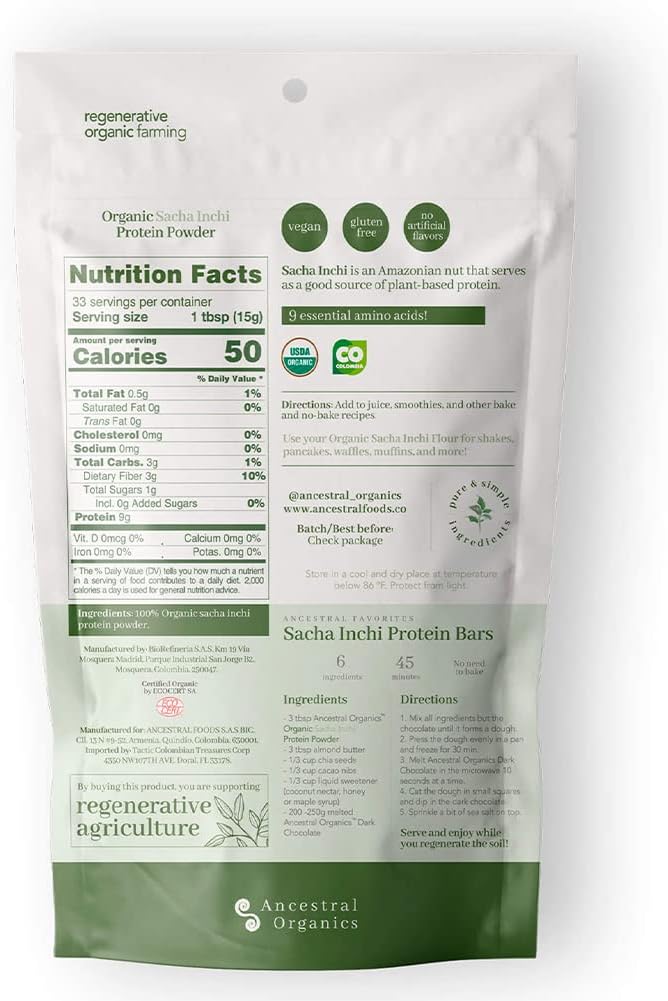 ANCESTRAL Organics Vegan Protein Powder Sacha Inchi Certified Organic Superfood - 17g Plant Based Protein - Nutrient Rich - Gluten Free Dairy Free Sugar Free - 1.1lb