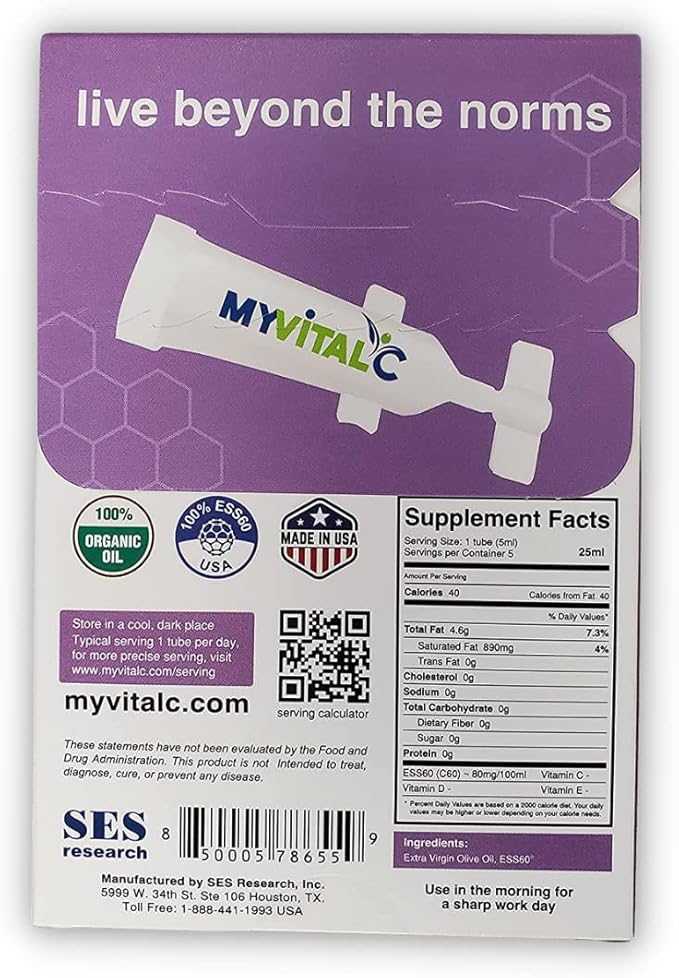MyVitalC Pure ESS60 in Organic Extra Virgin Olive Oil | Focus and Energy Supplement for Nootropic Antioxidant Anti-Aging Focus Longevity &amp Immunity | 10 Day Supply 5ml Each