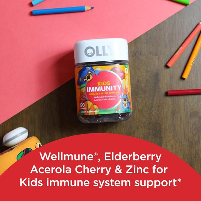 OLLY Kids Immunity Gummy Immune Support Wellmune Elderberry Vitamin C Zinc Chewable Supplement Cherry - 50 Count &amp Gummy Active Immunity+Elderberry 45 Gummies (1 Pack) Berry Flavor
