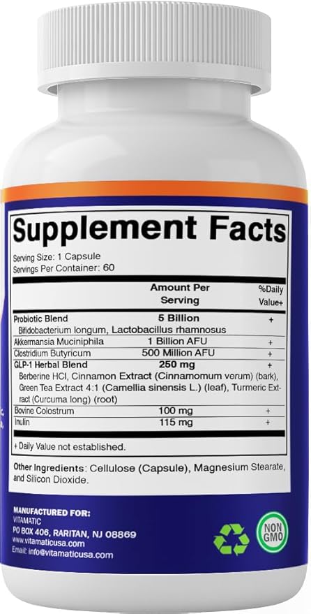 Vitamatic GLP-1 Support Supplement for Men &amp Women 60 Capsules - Made with Akkermansia Probiotics Prebiotic Clostridium Berberine Cinnamon Green Tea Turmeric &amp Colostrum - 2 Pack