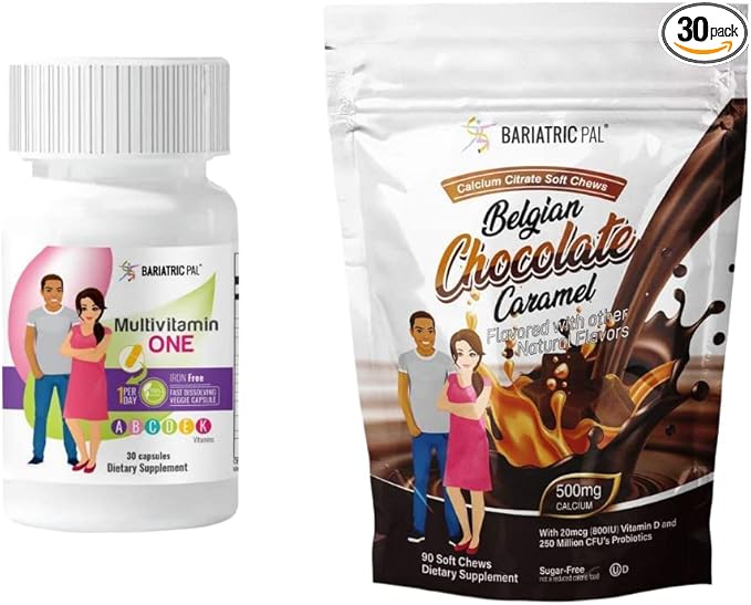 BariatricPal 30-Day Bariatric Vitamin Bundle (Multivitamin ONE 1 per Day! Iron-Free Capsule and Calcium Citrate Soft Chews 500mg with Probiotics - Belgian Chocolate Caramel)