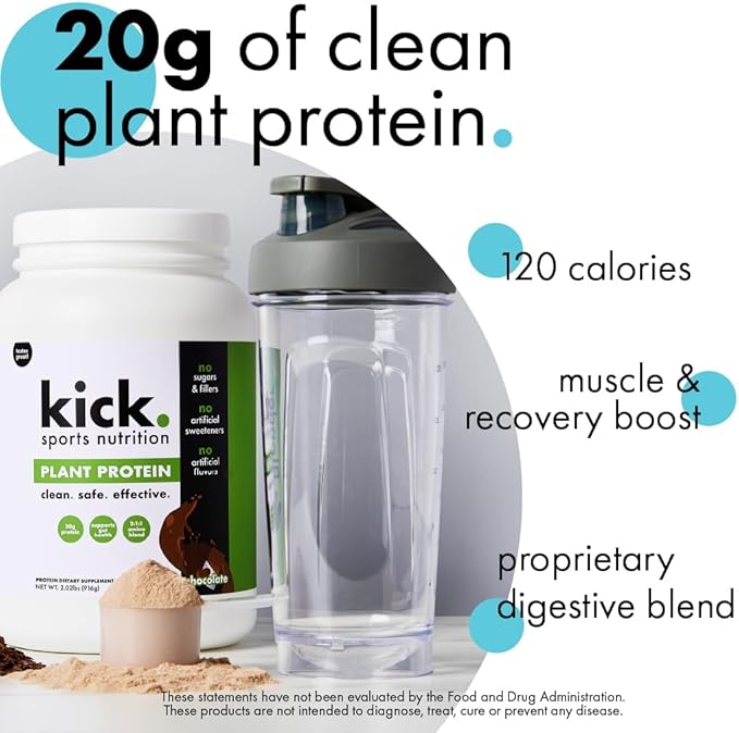 Kick Plant Protein Powder Chocolate Flavor 20 G Protein Gluten Free Workout Supplement with Aminos Acids to Support Fitness Goals &amp Gut Health No Sugar No Artificial Flavors 28 Servings