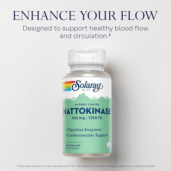 SOLARAY Nattokinase Supplement 1250 FU for Men &amp Women - Digestive Natto Enzymes Heart Health &amp Circulation Support Nattokinase Capsules 100 mg Enteric Coated - 30 Veg Caps