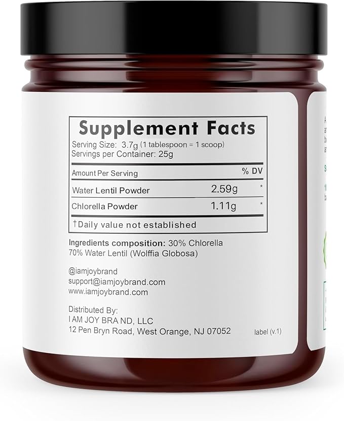 I Am Joy co. Water Lentil Protein Powder with Chlorella Plant Based Vegan Duckweed Rich in Natural B12 Vitamin Non GMO Gluten Free Sugar Free Sustainably Grown 3.3 oz ( 93g) Jar