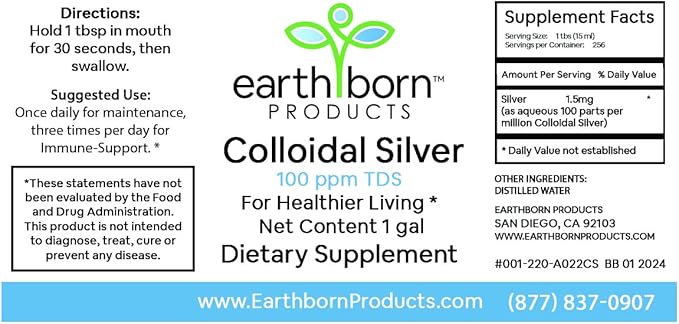 Earthborn Colloidal Silver Liquid (128oz) - 100PPM Pure Monatomic Silver Water - 99.9% Natural Nano Silver Liquid Supplement for Immune Support* Non-GMO Glass Bottle | Made in USA