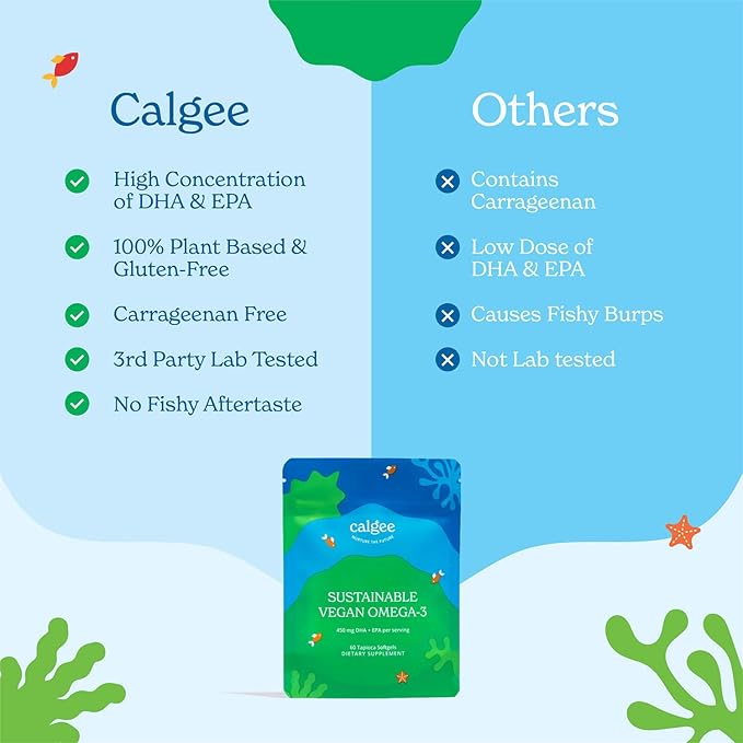 Calgee Vegan Omega 3-450mg DHA &amp EPA Fatty Acids - Sustainable Algae Oil - Plant-Based Fish Oil Alternative - Carrageenan-Free Softgels (120 Ct)
