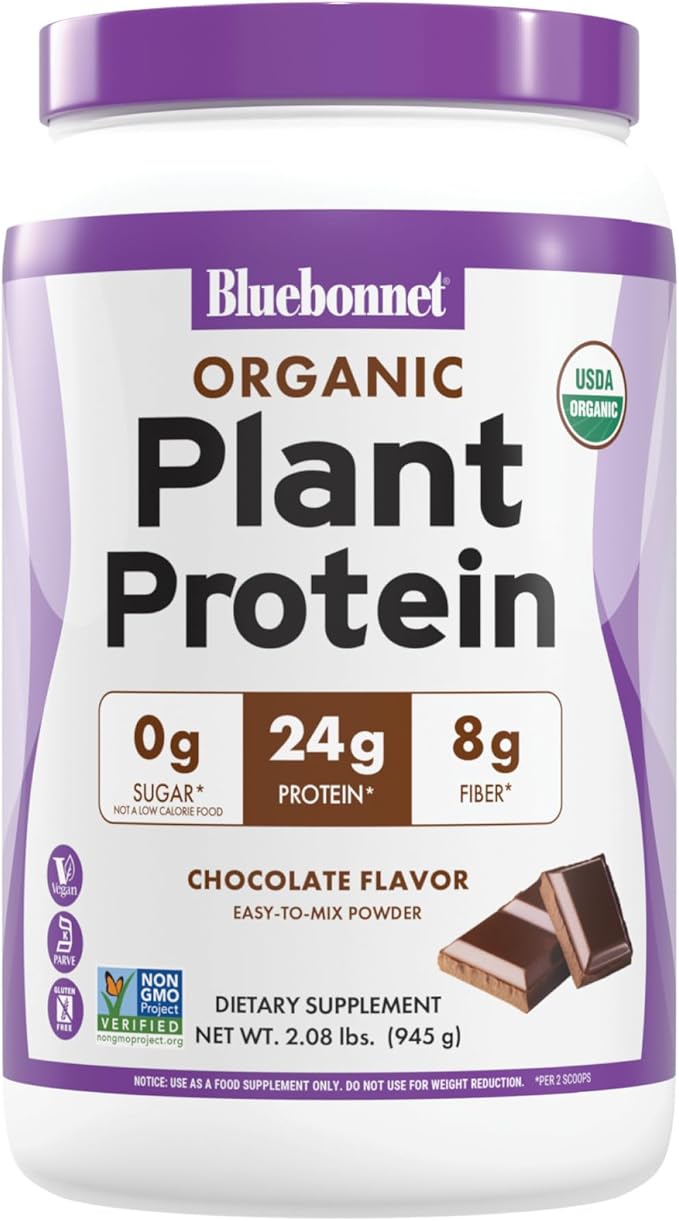 BlueBonnet Nutrition Organic Plant Protein Powder 24g Plant Based Protein Zero Sugar 8g Prebiotic Fiber USDA Organic Non-GMO Kosher Gluten-Free Soy-Free Vegan Chocolate Flavor 19 Servings