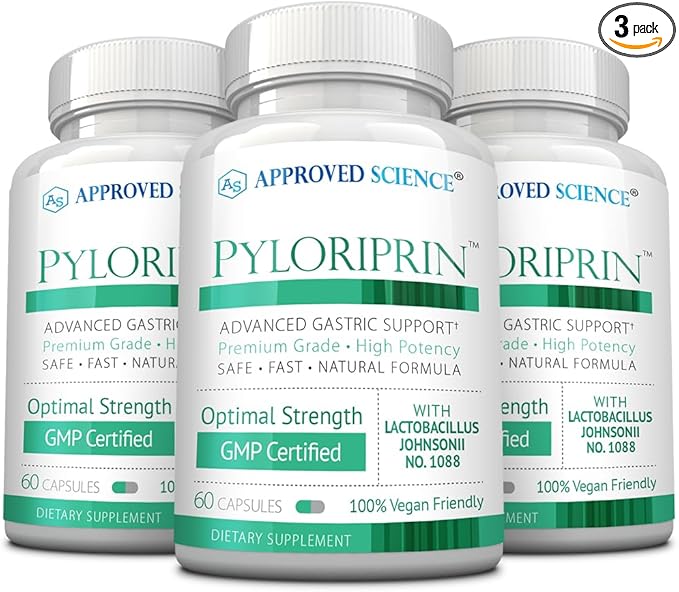 Approved Science Pyloriprin - Advanced Digestive Support for A Healthy Stomach - Zinc L-Carnosine Probiotic Broccoli Sprout Deglycyrrhized Licorice - 180 Capsules - Three Month Supply - Vegan
