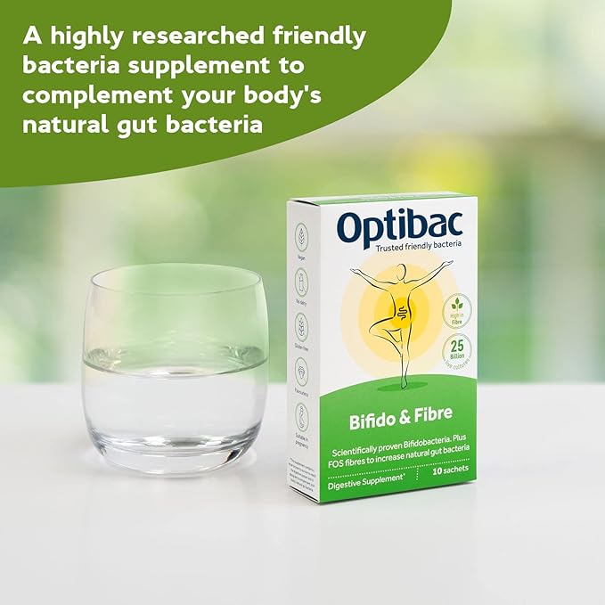 Optibac Probiotics Powder with Bifidobacteria &amp Fibre - 30 Sachets | 25 Billion CFU + 4 g FOS Fibre | Vegan Probiotic &amp Prebiotic Blend | Shelf Stable &amp Gluten Free | for Everyday Digestiv