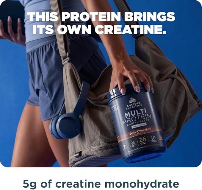 Ancient Nutrition Multi Protein Animal Based Powder + Creatine 26g Protein Grass Fed Whey Bone Broth Collagen Peptides 5g Creatine Monohydrate Colostrum &amp Probiotics Dark Chocolate 15 Serv