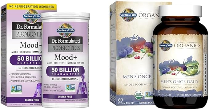 Garden of Life Dr Formulated Probiotics Mood+ 60ct and Organics Men's Once Daily Whole Food Multivitamin 60ct